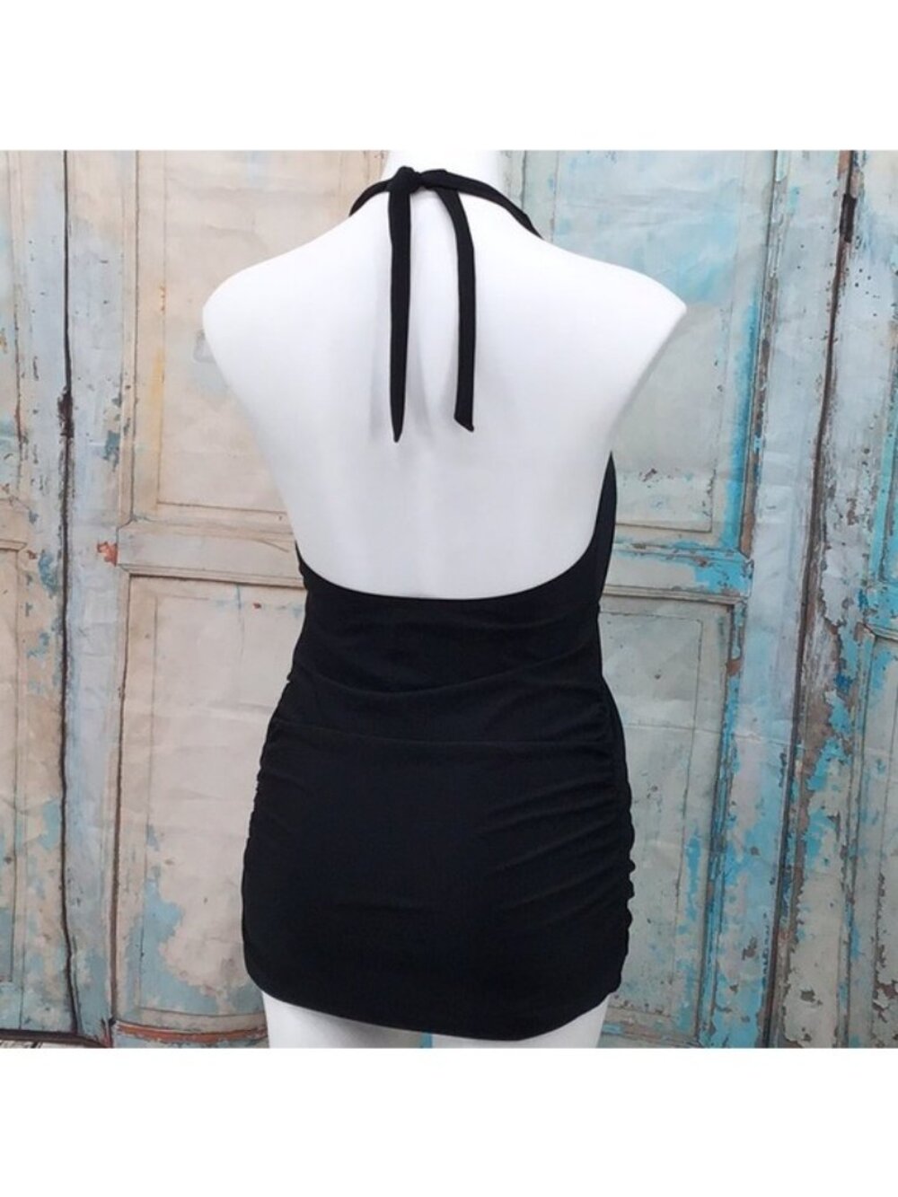 Old Navy S Black Halter Swimdress Ruched Tankini Top With Built In Shelf Bra - Picture 2 of 8